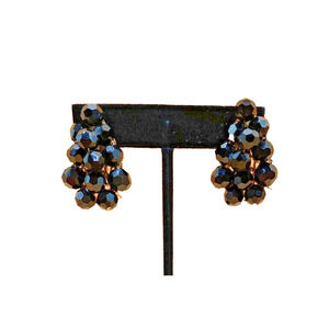 Vintage MCM Designer Faceted Black Rhinestone Cluster Pierced Earrings Wingback